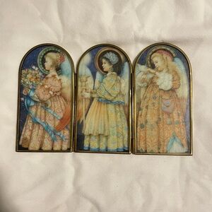 Trifold Triptich Enesco Brass Framed Glass renaissance Angels Dove 5.5” Mexico